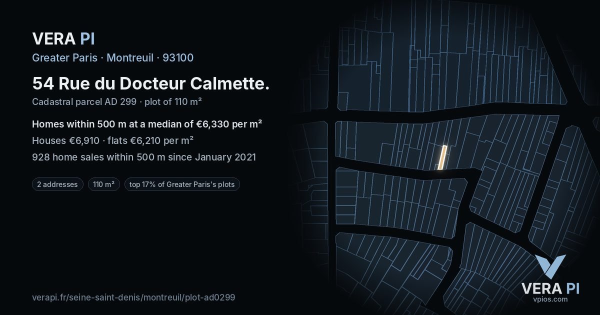 54 Rue du Docteur Calmette, Montreuil at night – the plot lit, the parcels around coloured by the prices near them
