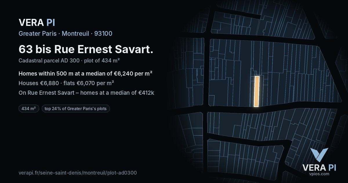 63 bis Rue Ernest Savart, Montreuil at night – the plot lit, the parcels around coloured by the prices near them