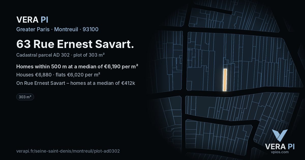 63 Rue Ernest Savart, Montreuil at night – the plot lit, the parcels around coloured by the prices near them
