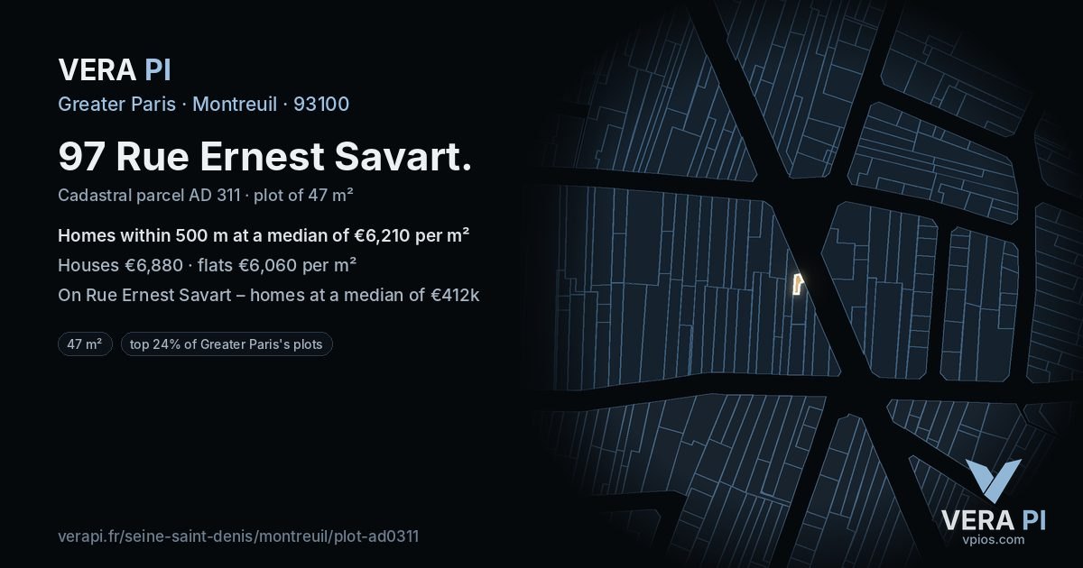 97 Rue Ernest Savart, Montreuil at night – the plot lit, the parcels around coloured by the prices near them