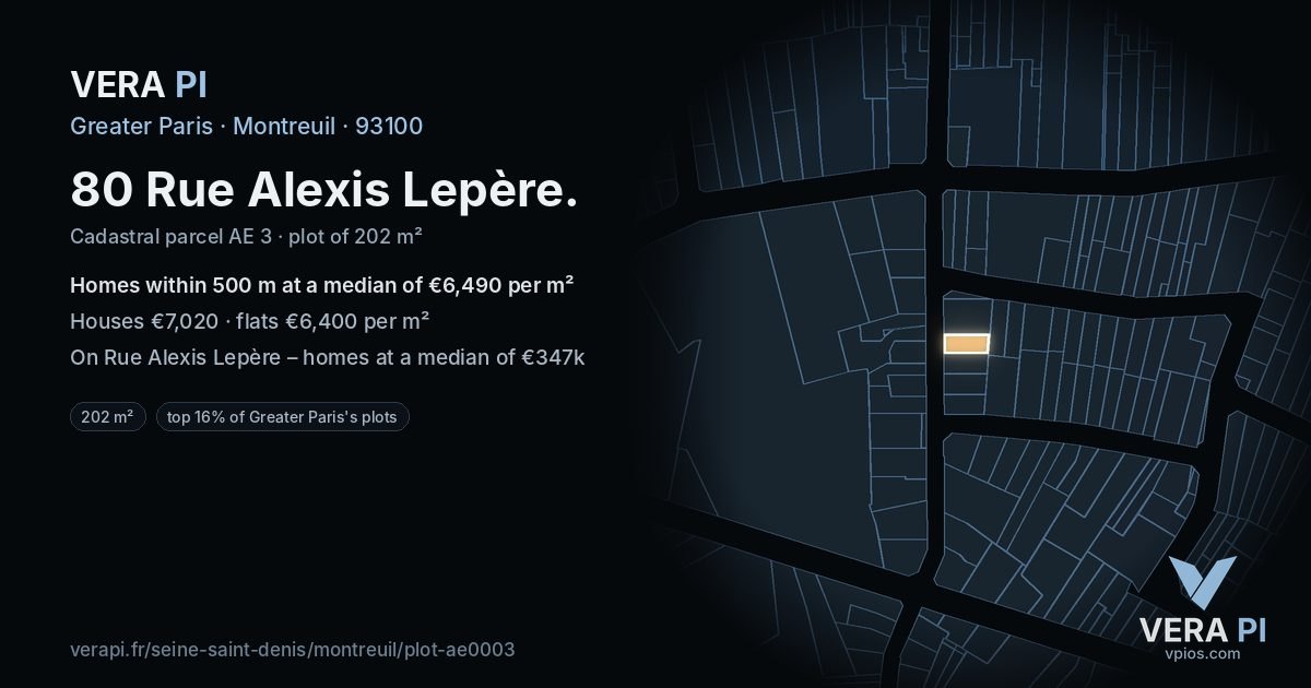 80 Rue Alexis Lepère, Montreuil at night – the plot lit, the parcels around coloured by the prices near them