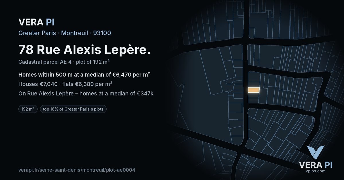 78 Rue Alexis Lepère, Montreuil at night – the plot lit, the parcels around coloured by the prices near them