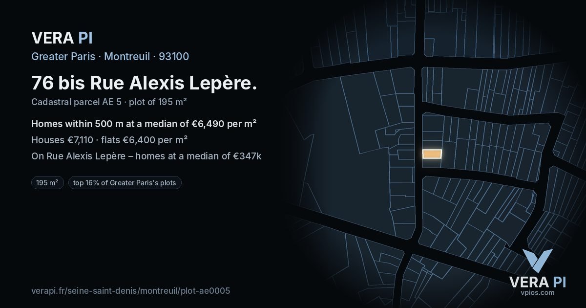 76 bis Rue Alexis Lepère, Montreuil at night – the plot lit, the parcels around coloured by the prices near them