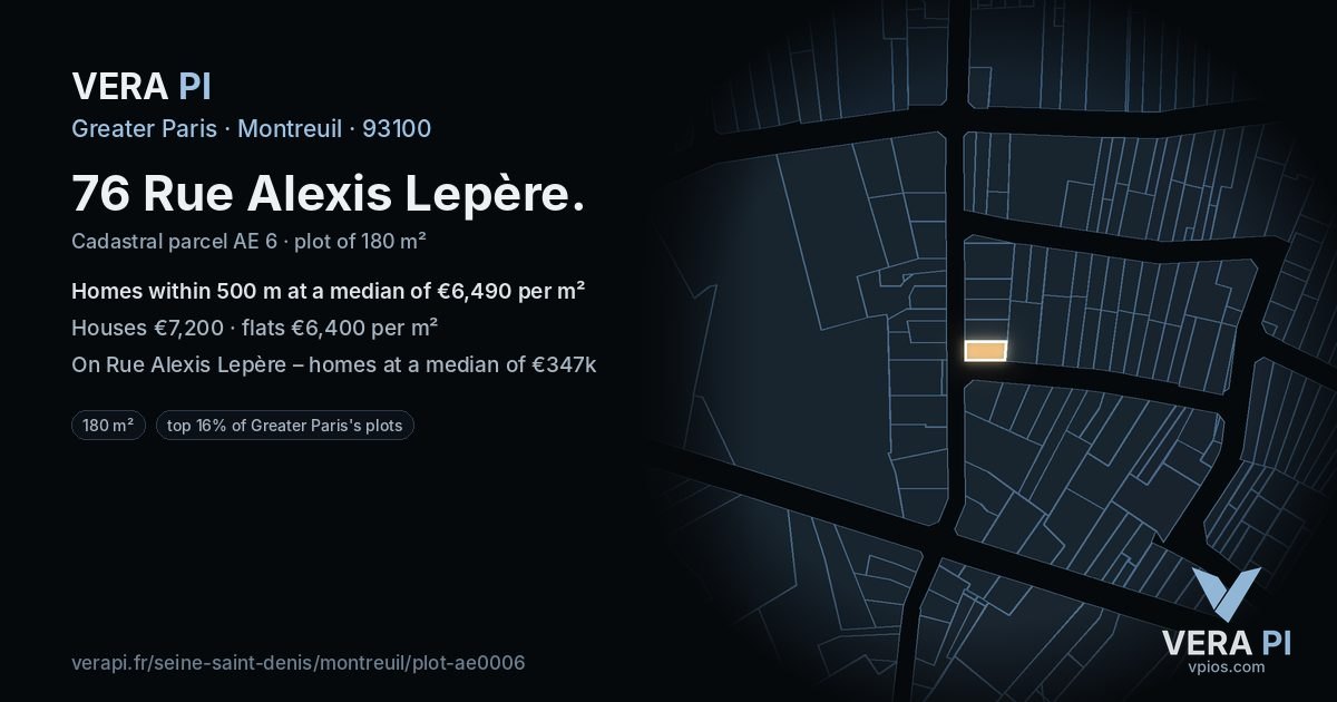 76 Rue Alexis Lepère, Montreuil at night – the plot lit, the parcels around coloured by the prices near them