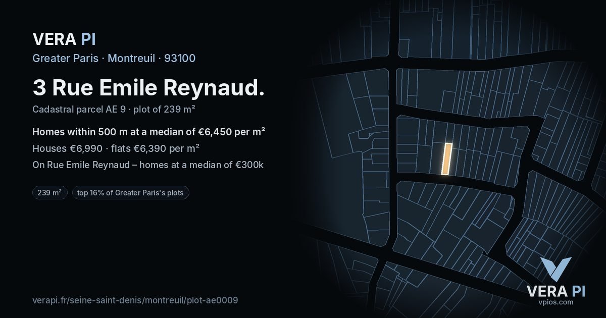 3 Rue Emile Reynaud, Montreuil at night – the plot lit, the parcels around coloured by the prices near them