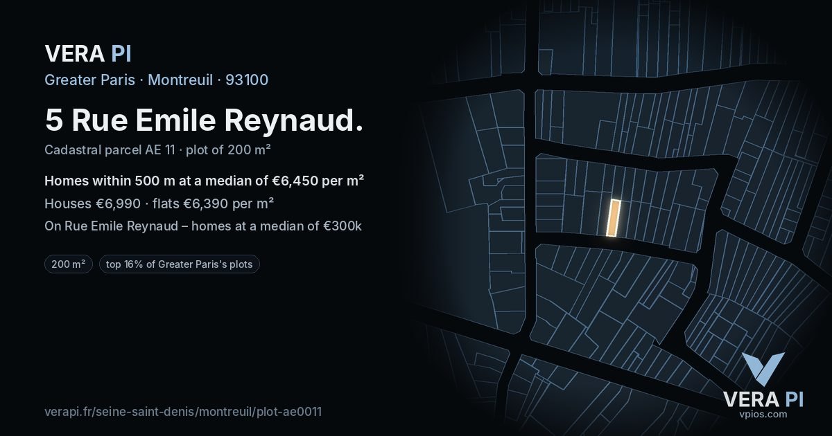 5 Rue Emile Reynaud, Montreuil at night – the plot lit, the parcels around coloured by the prices near them