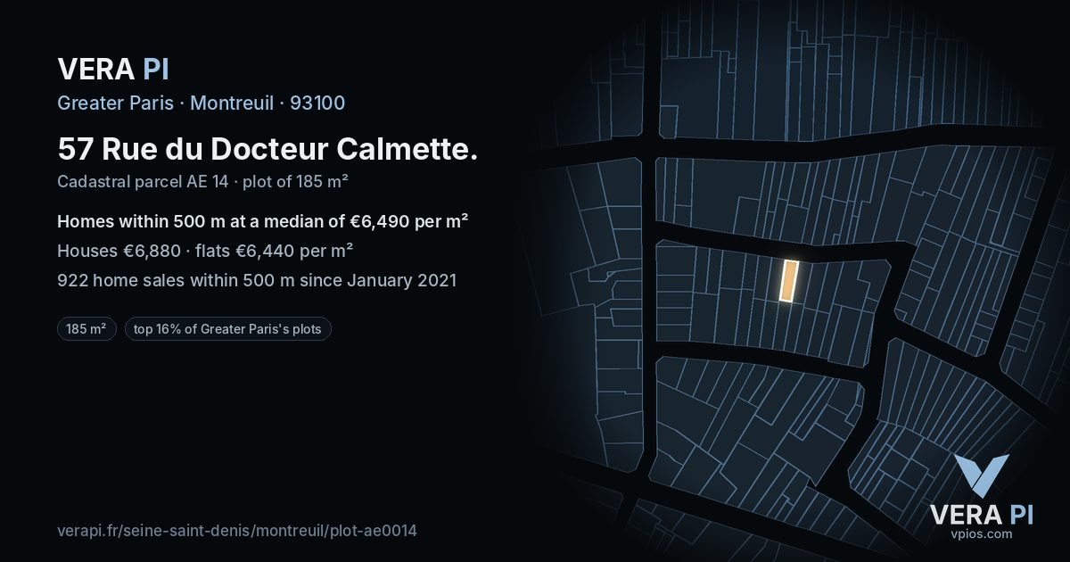 57 Rue du Docteur Calmette, Montreuil at night – the plot lit, the parcels around coloured by the prices near them