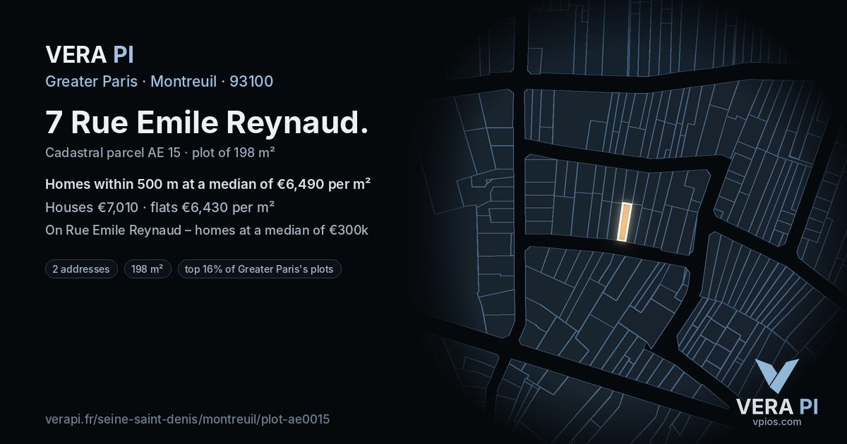 7 Rue Emile Reynaud, Montreuil at night – the plot lit, the parcels around coloured by the prices near them