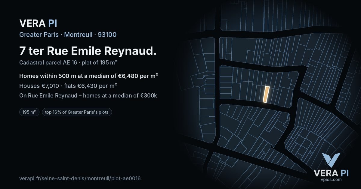 7 ter Rue Emile Reynaud, Montreuil at night – the plot lit, the parcels around coloured by the prices near them