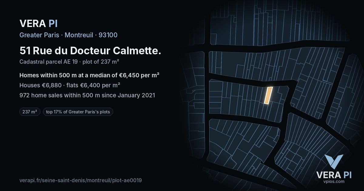 51 Rue du Docteur Calmette, Montreuil at night – the plot lit, the parcels around coloured by the prices near them