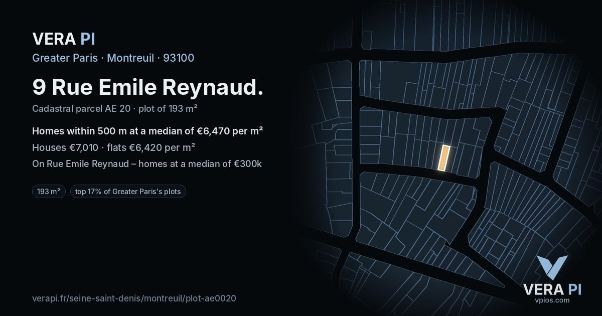 9 Rue Emile Reynaud, Montreuil at night – the plot lit, the parcels around coloured by the prices near them
