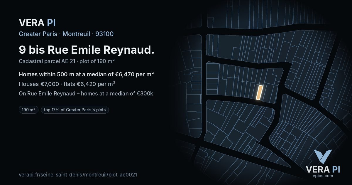 9 bis Rue Emile Reynaud, Montreuil at night – the plot lit, the parcels around coloured by the prices near them