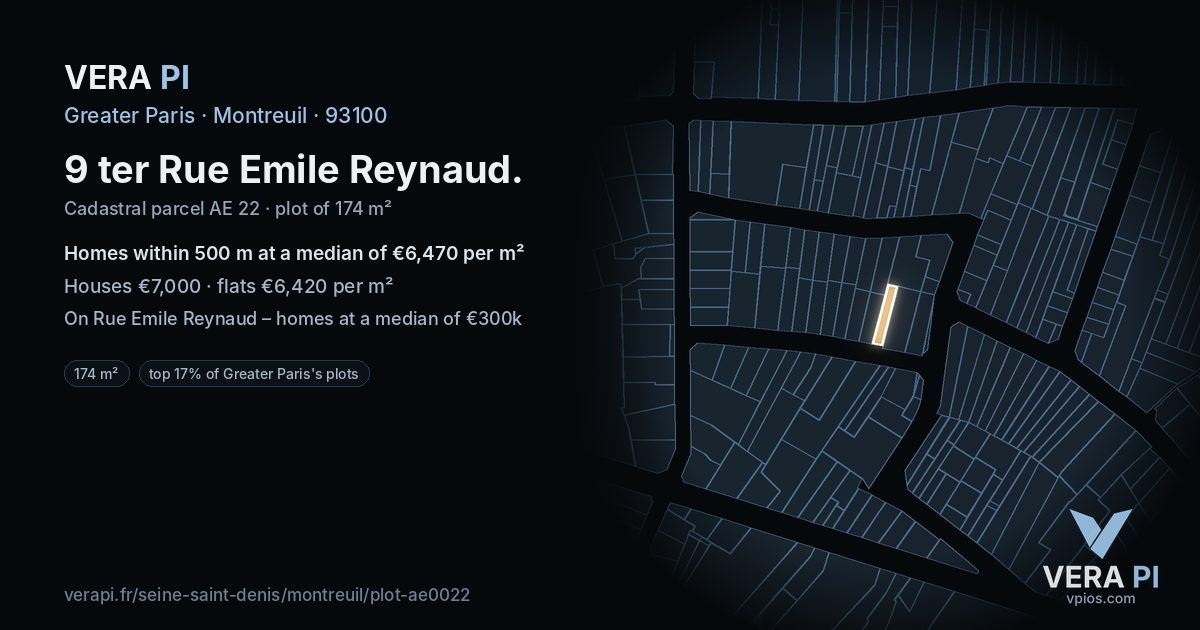 9 ter Rue Emile Reynaud, Montreuil at night – the plot lit, the parcels around coloured by the prices near them