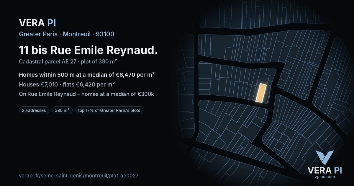 11 bis Rue Emile Reynaud, Montreuil at night – the plot lit, the parcels around coloured by the prices near them