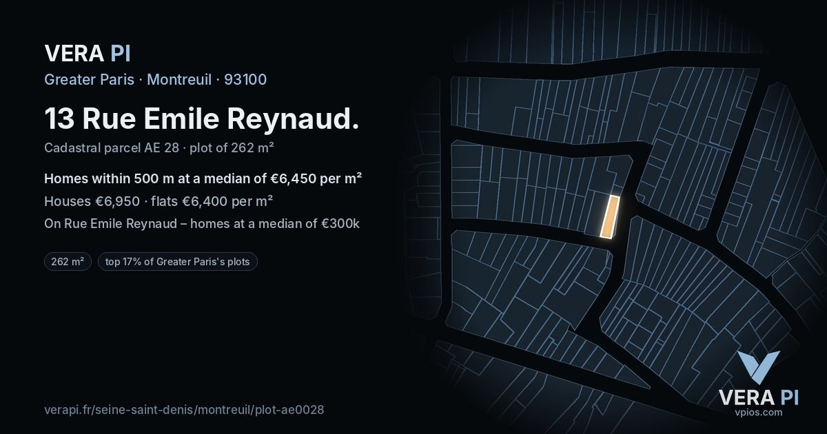13 Rue Emile Reynaud, Montreuil at night – the plot lit, the parcels around coloured by the prices near them