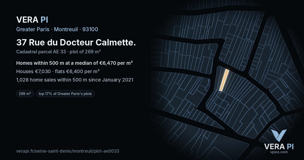 37 Rue du Docteur Calmette, Montreuil at night – the plot lit, the parcels around coloured by the prices near them