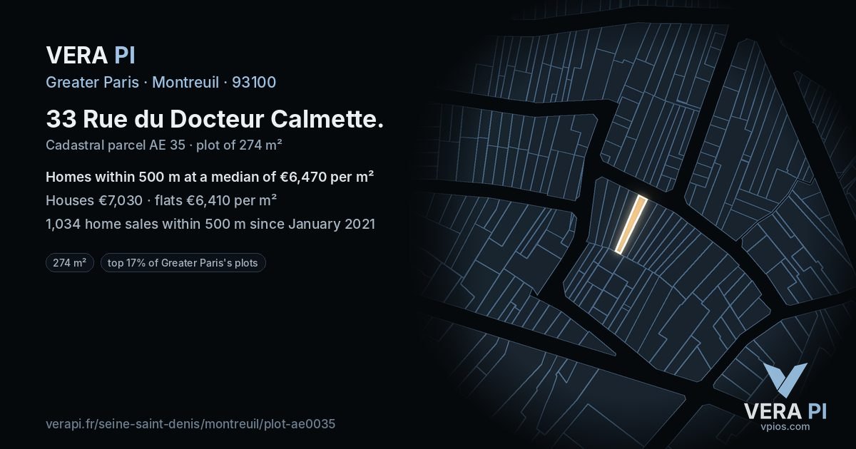 33 Rue du Docteur Calmette, Montreuil at night – the plot lit, the parcels around coloured by the prices near them