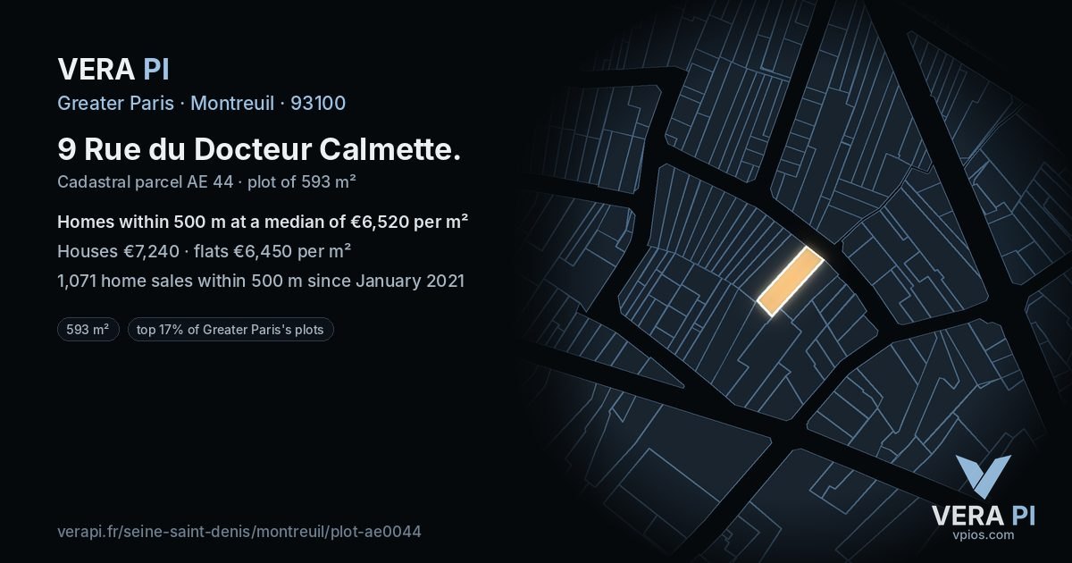 9 Rue du Docteur Calmette, Montreuil at night – the plot lit, the parcels around coloured by the prices near them