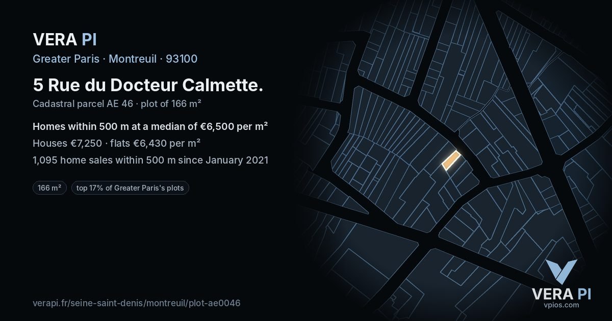 5 Rue du Docteur Calmette, Montreuil at night – the plot lit, the parcels around coloured by the prices near them
