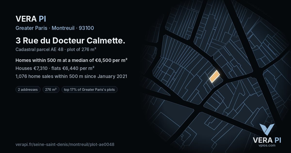 3 Rue du Docteur Calmette, Montreuil at night – the plot lit, the parcels around coloured by the prices near them