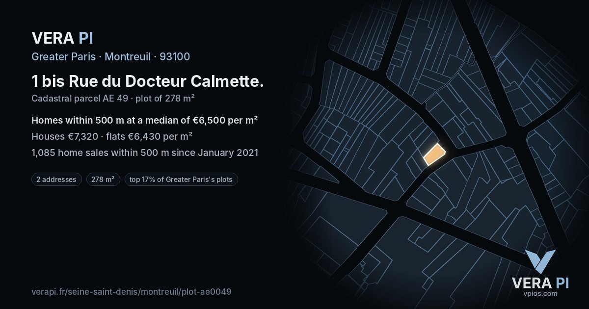 1 bis Rue du Docteur Calmette, Montreuil at night – the plot lit, the parcels around coloured by the prices near them