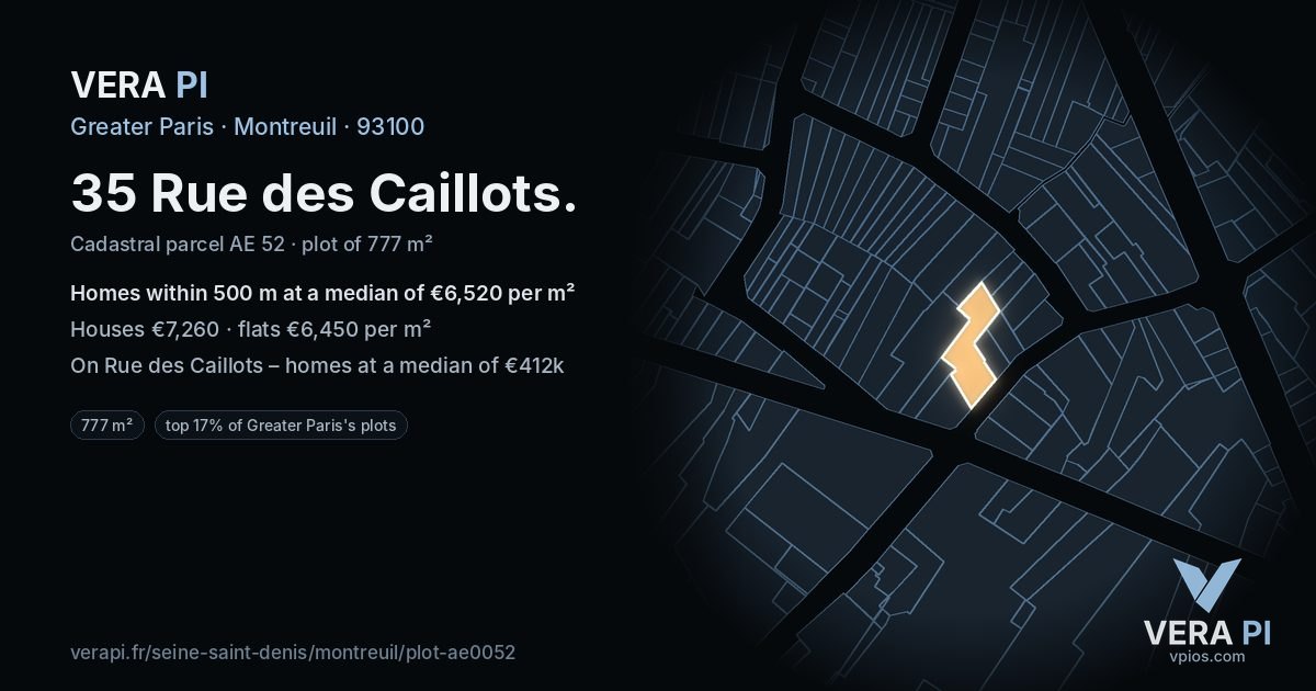 35 Rue des Caillots, Montreuil at night – the plot lit, the parcels around coloured by the prices near them