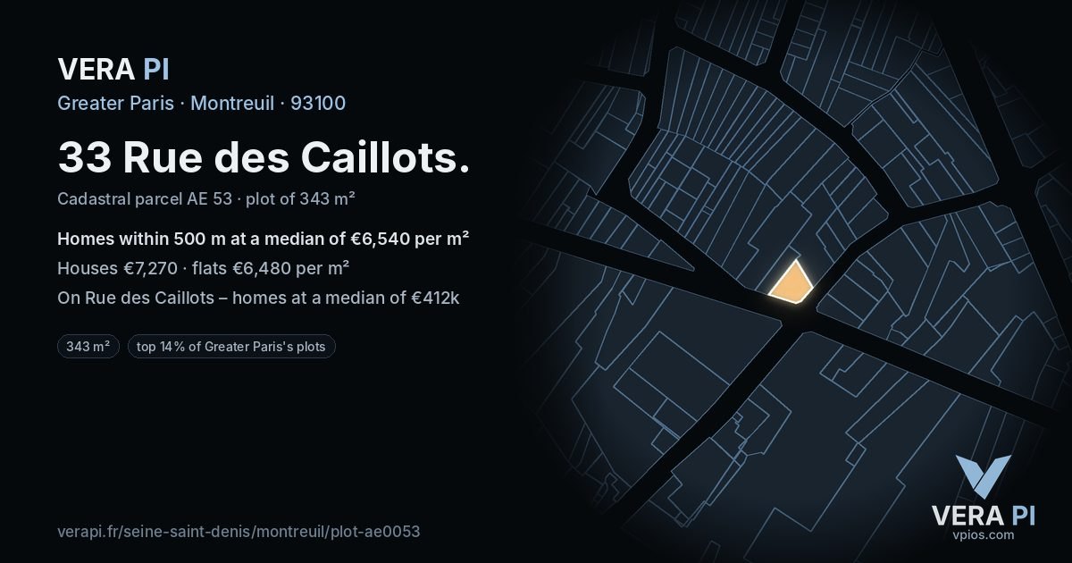 33 Rue des Caillots, Montreuil at night – the plot lit, the parcels around coloured by the prices near them