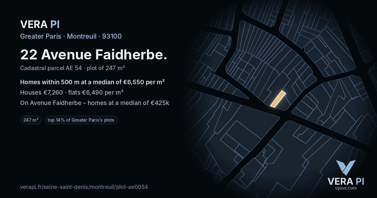 22 Avenue Faidherbe, Montreuil at night – the plot lit, the parcels around coloured by the prices near them