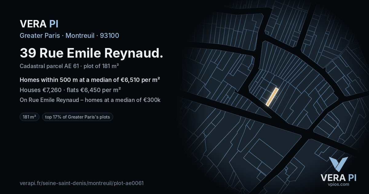 39 Rue Emile Reynaud, Montreuil at night – the plot lit, the parcels around coloured by the prices near them