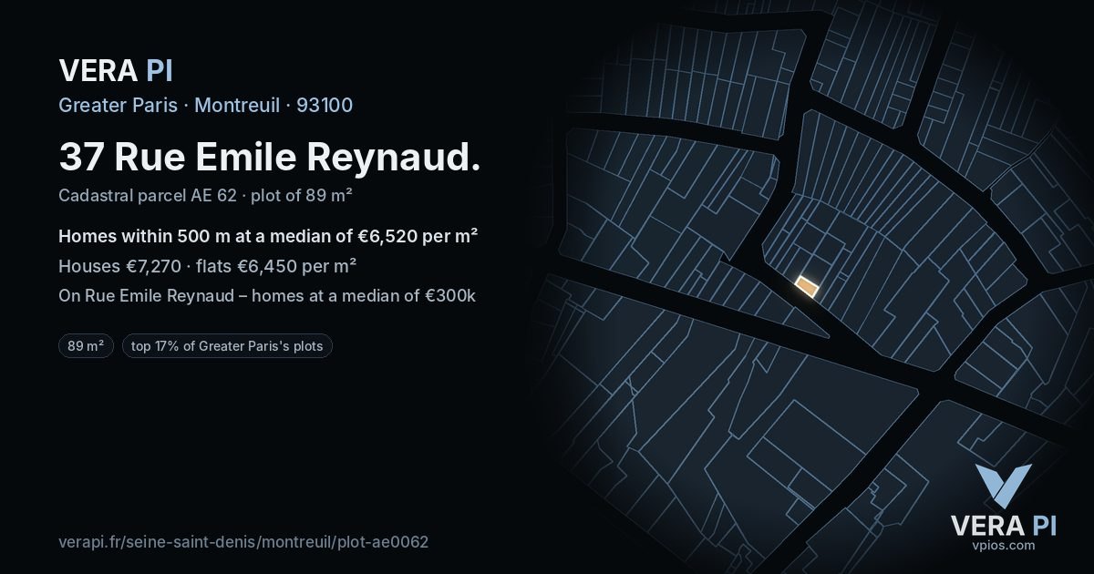 37 Rue Emile Reynaud, Montreuil at night – the plot lit, the parcels around coloured by the prices near them