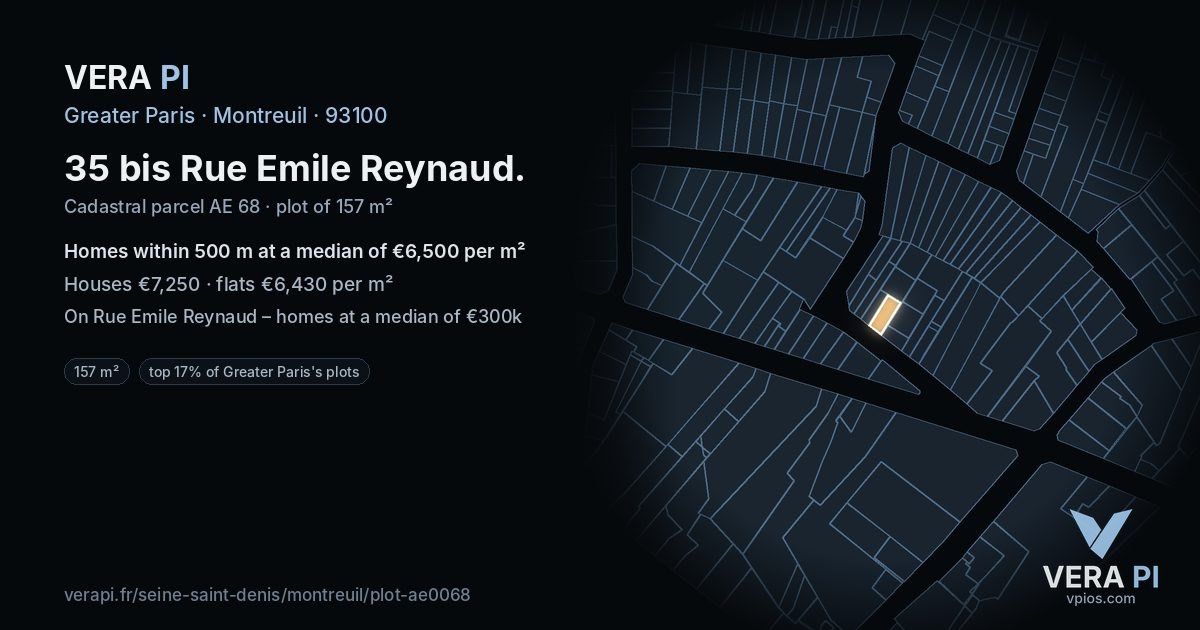 35 bis Rue Emile Reynaud, Montreuil at night – the plot lit, the parcels around coloured by the prices near them