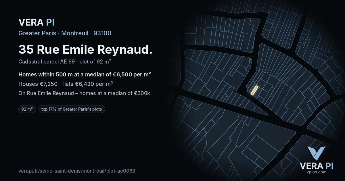 35 Rue Emile Reynaud, Montreuil at night – the plot lit, the parcels around coloured by the prices near them