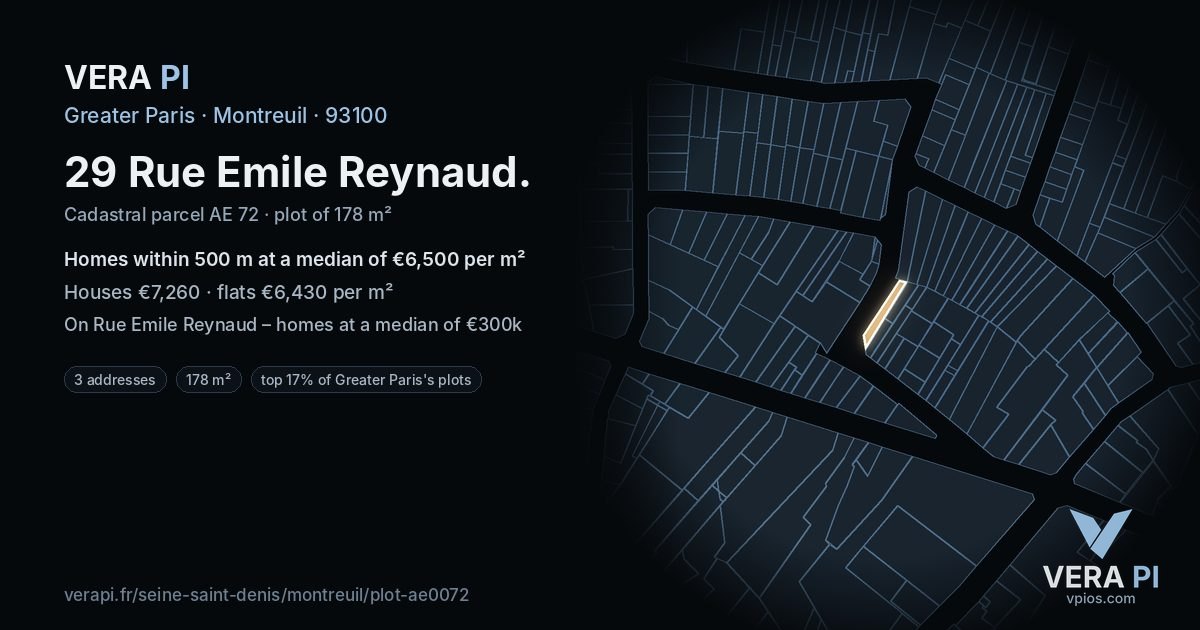 29 Rue Emile Reynaud, Montreuil at night – the plot lit, the parcels around coloured by the prices near them
