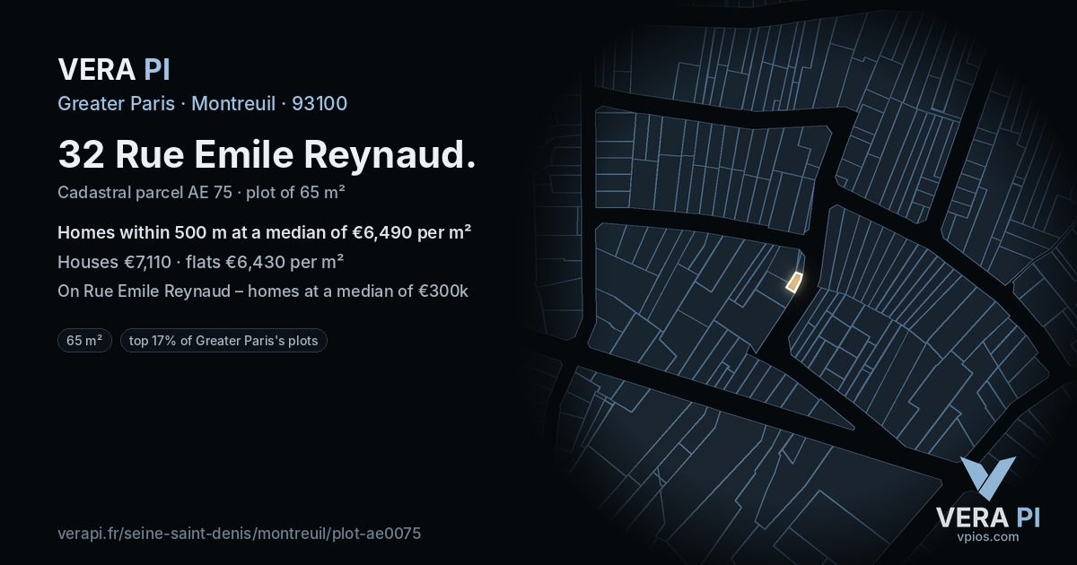 32 Rue Emile Reynaud, Montreuil at night – the plot lit, the parcels around coloured by the prices near them