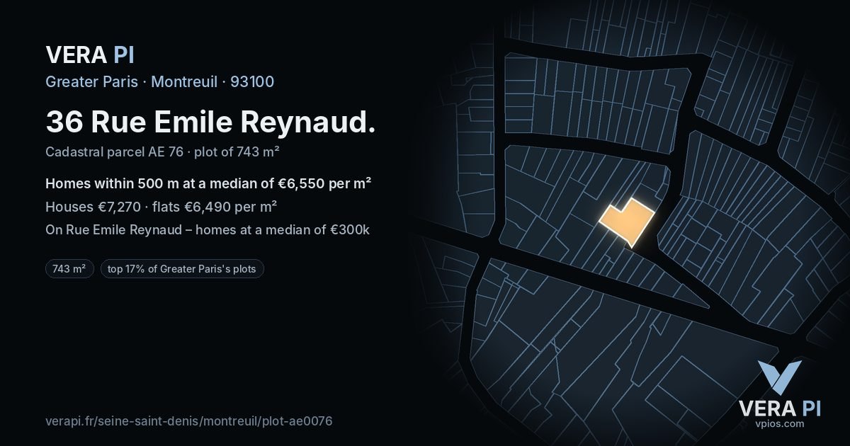 36 Rue Emile Reynaud, Montreuil at night – the plot lit, the parcels around coloured by the prices near them