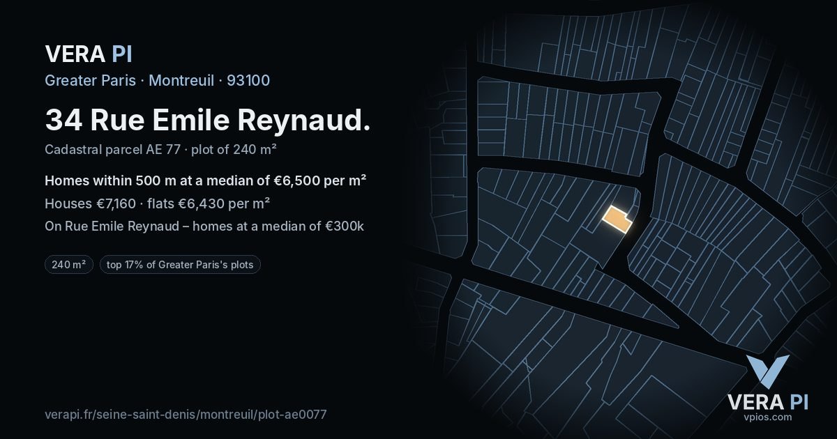 34 Rue Emile Reynaud, Montreuil at night – the plot lit, the parcels around coloured by the prices near them