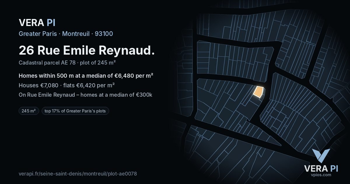 26 Rue Emile Reynaud, Montreuil at night – the plot lit, the parcels around coloured by the prices near them