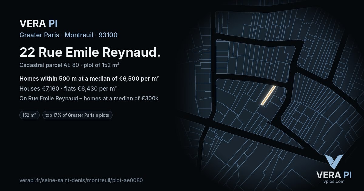 22 Rue Emile Reynaud, Montreuil at night – the plot lit, the parcels around coloured by the prices near them