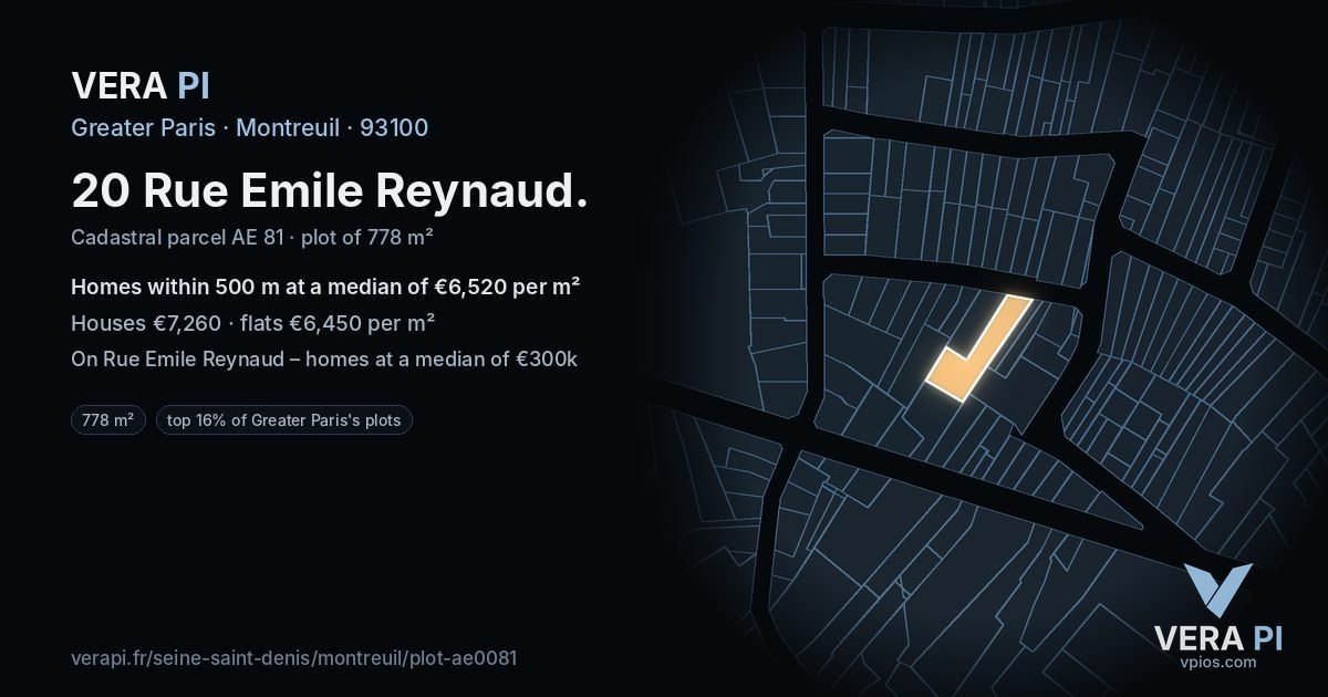 20 Rue Emile Reynaud, Montreuil at night – the plot lit, the parcels around coloured by the prices near them