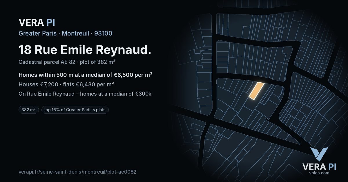 18 Rue Emile Reynaud, Montreuil at night – the plot lit, the parcels around coloured by the prices near them