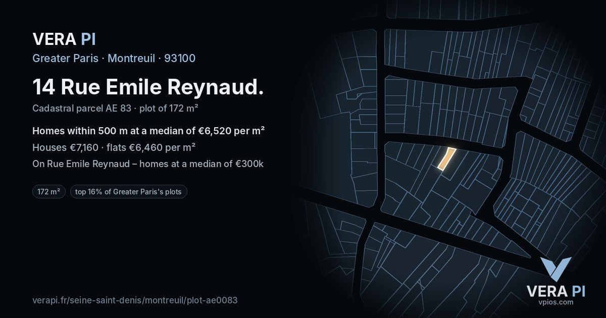14 Rue Emile Reynaud, Montreuil at night – the plot lit, the parcels around coloured by the prices near them