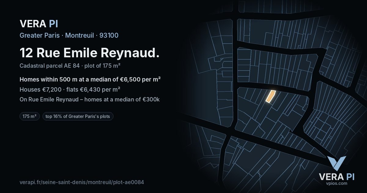 12 Rue Emile Reynaud, Montreuil at night – the plot lit, the parcels around coloured by the prices near them