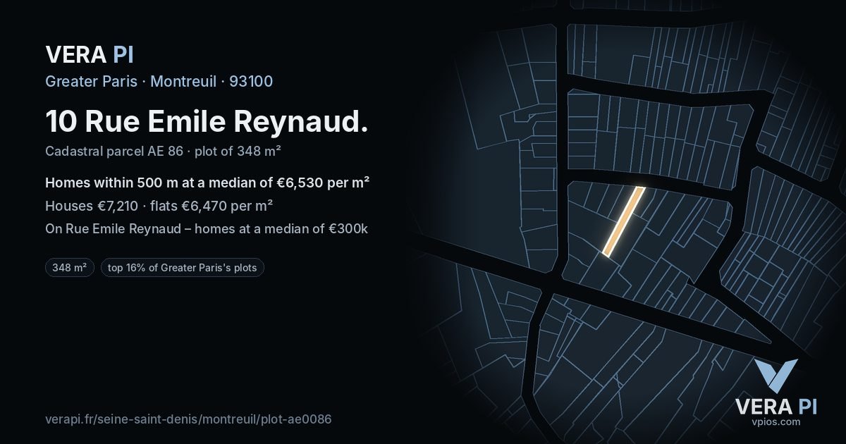 10 Rue Emile Reynaud, Montreuil at night – the plot lit, the parcels around coloured by the prices near them