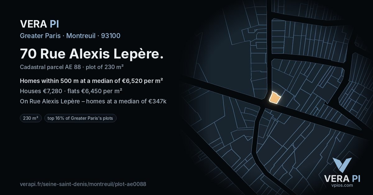 70 Rue Alexis Lepère, Montreuil at night – the plot lit, the parcels around coloured by the prices near them