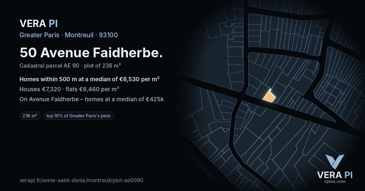 50 Avenue Faidherbe, Montreuil at night – the plot lit, the parcels around coloured by the prices near them