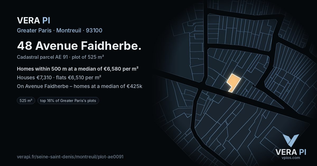 48 Avenue Faidherbe, Montreuil at night – the plot lit, the parcels around coloured by the prices near them