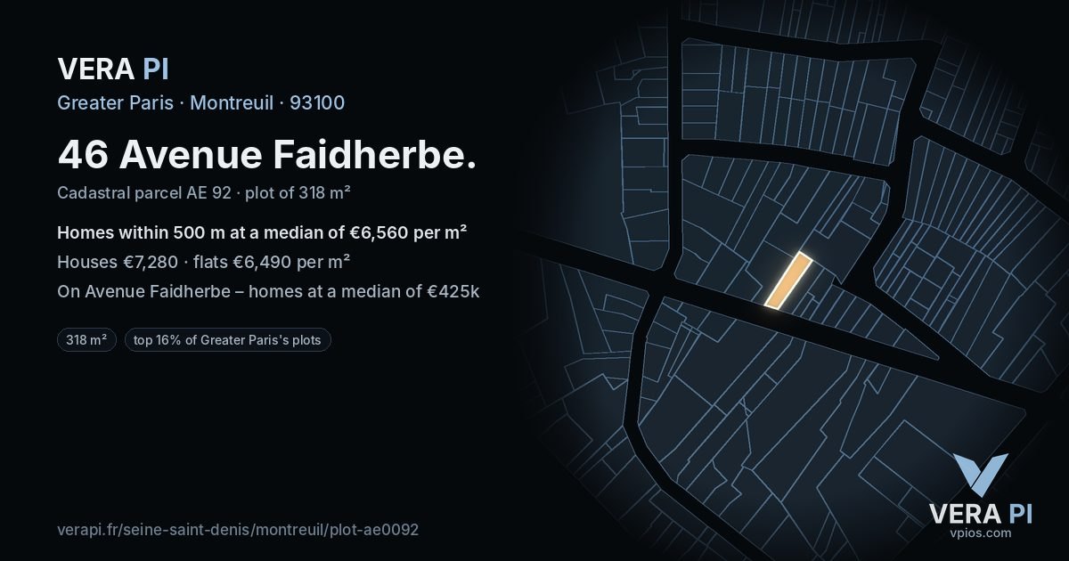 46 Avenue Faidherbe, Montreuil at night – the plot lit, the parcels around coloured by the prices near them