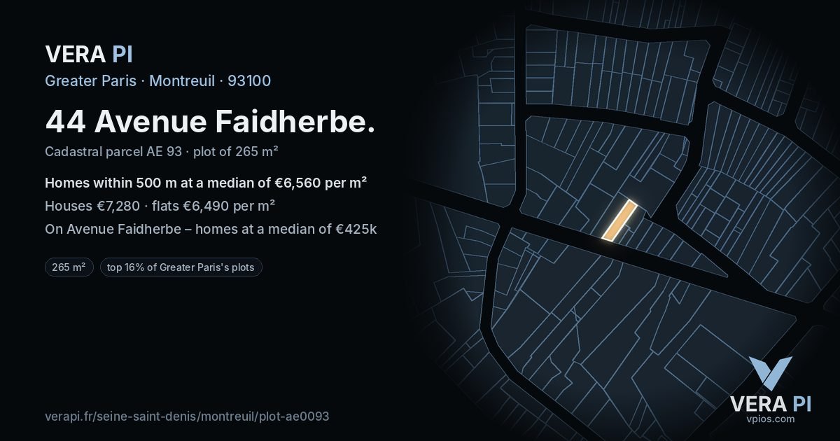 44 Avenue Faidherbe, Montreuil at night – the plot lit, the parcels around coloured by the prices near them