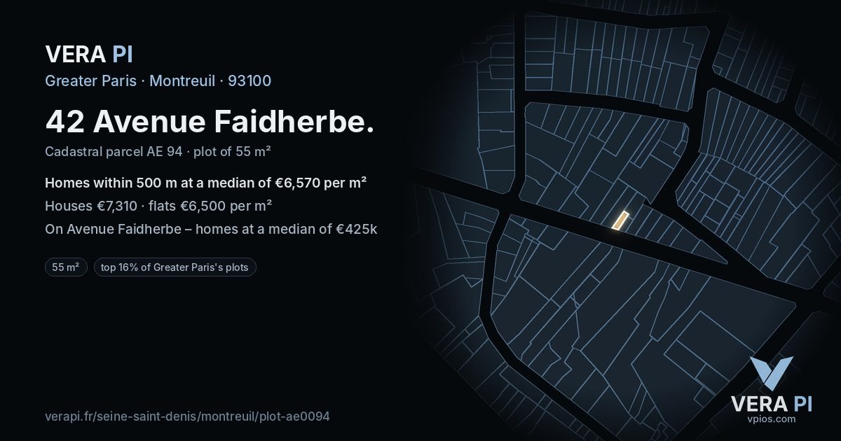42 Avenue Faidherbe, Montreuil at night – the plot lit, the parcels around coloured by the prices near them