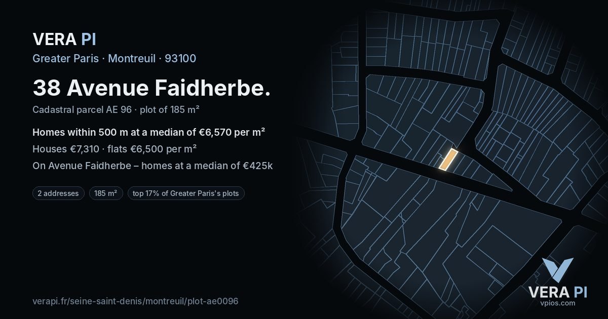 38 Avenue Faidherbe, Montreuil at night – the plot lit, the parcels around coloured by the prices near them